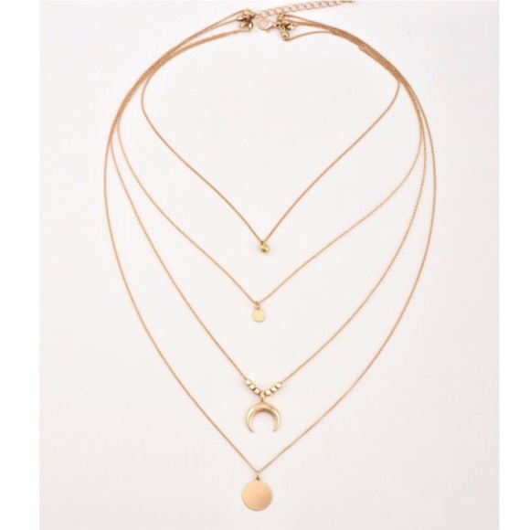 Disc and crescent layered gold necklace. - Picture 3 of 3